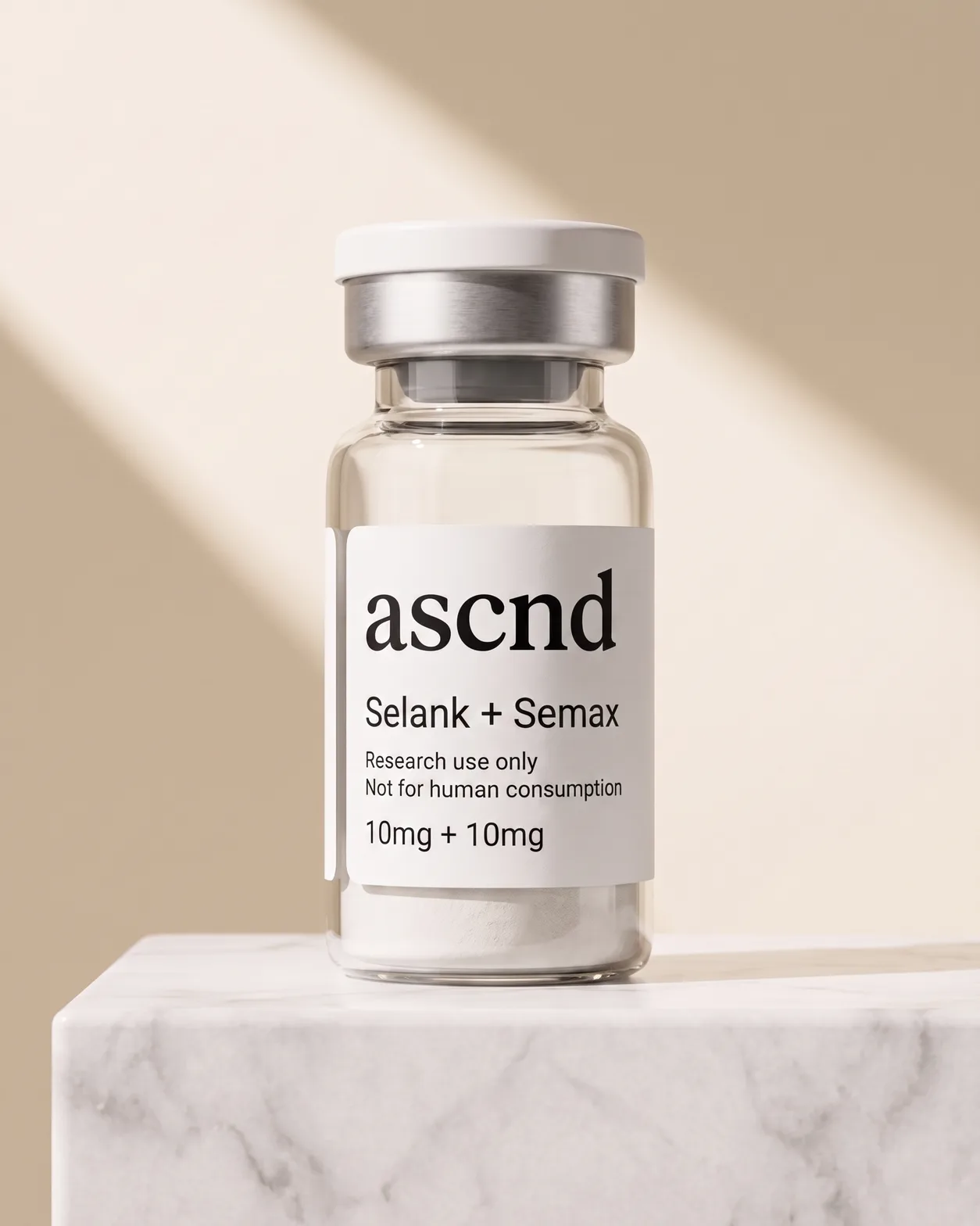 ASCND vial labelled Selank / Semax Blend 10mg / 10mg beside its black ascnd carton, on a studio background