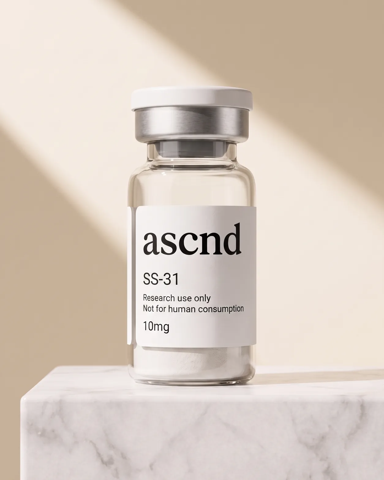 Clear glass ASCND vial of white lyophilized powder with a research-use-only label, on a marble plinth